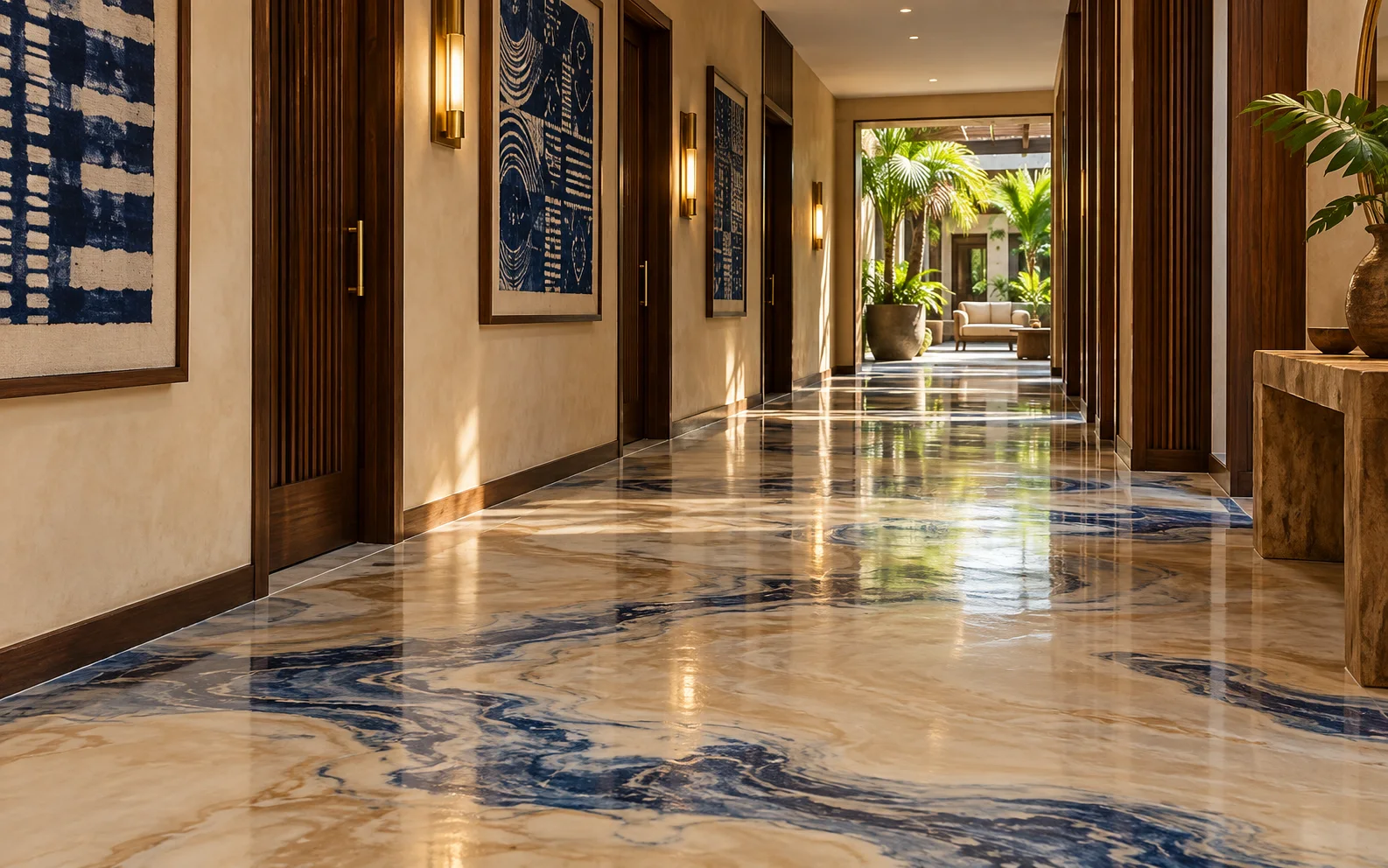 Illustrative Nigerian hotel corridor with a sand and indigo marbled epoxy floor, timber door frames and textile art